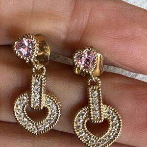 Judith Ripka Pink & White CZ 14K Yellow Gold Clad Heart Drop Earrings 3.28CTW